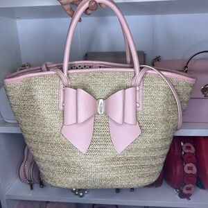 Pink Bow Accent Straw Tote Bag